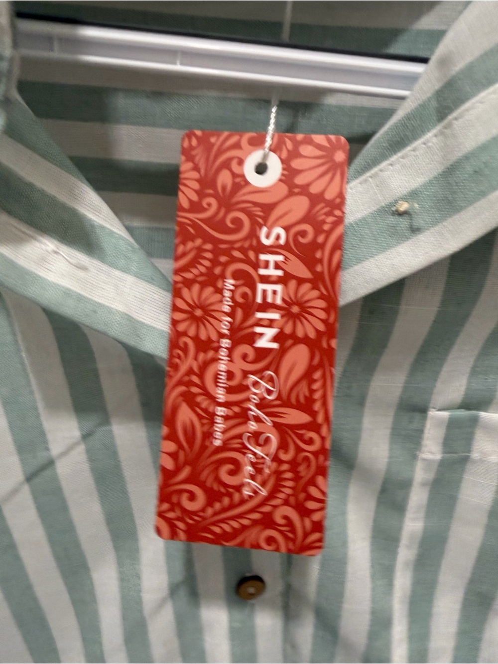 SHEIN BOHO Mint and White Striped Button-Up Shirt with Ruffle Hem - Picture 2 of 3